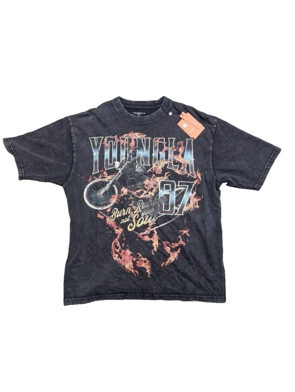 YoungLA Graphic Tee Shirt Small S NWT Black Wash Motorcycle Burn Rubber 87